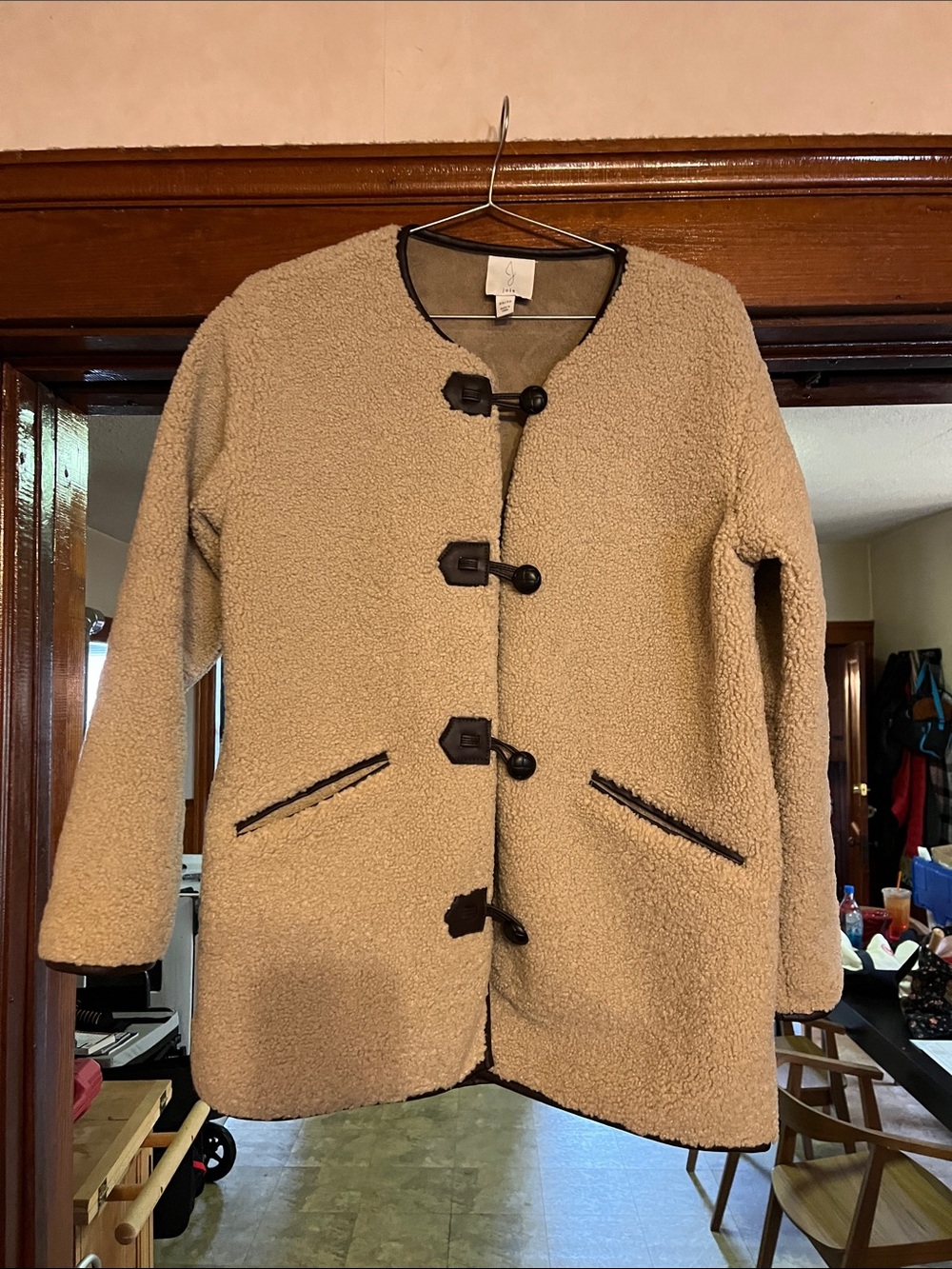 Jolie Cream Teddy Jacket with Black Trim and Toggle Closures